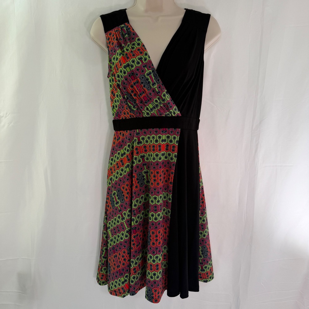 Marc New York Andrew Marc Geometric Print Faux Wrap Dress Black Green Size 2